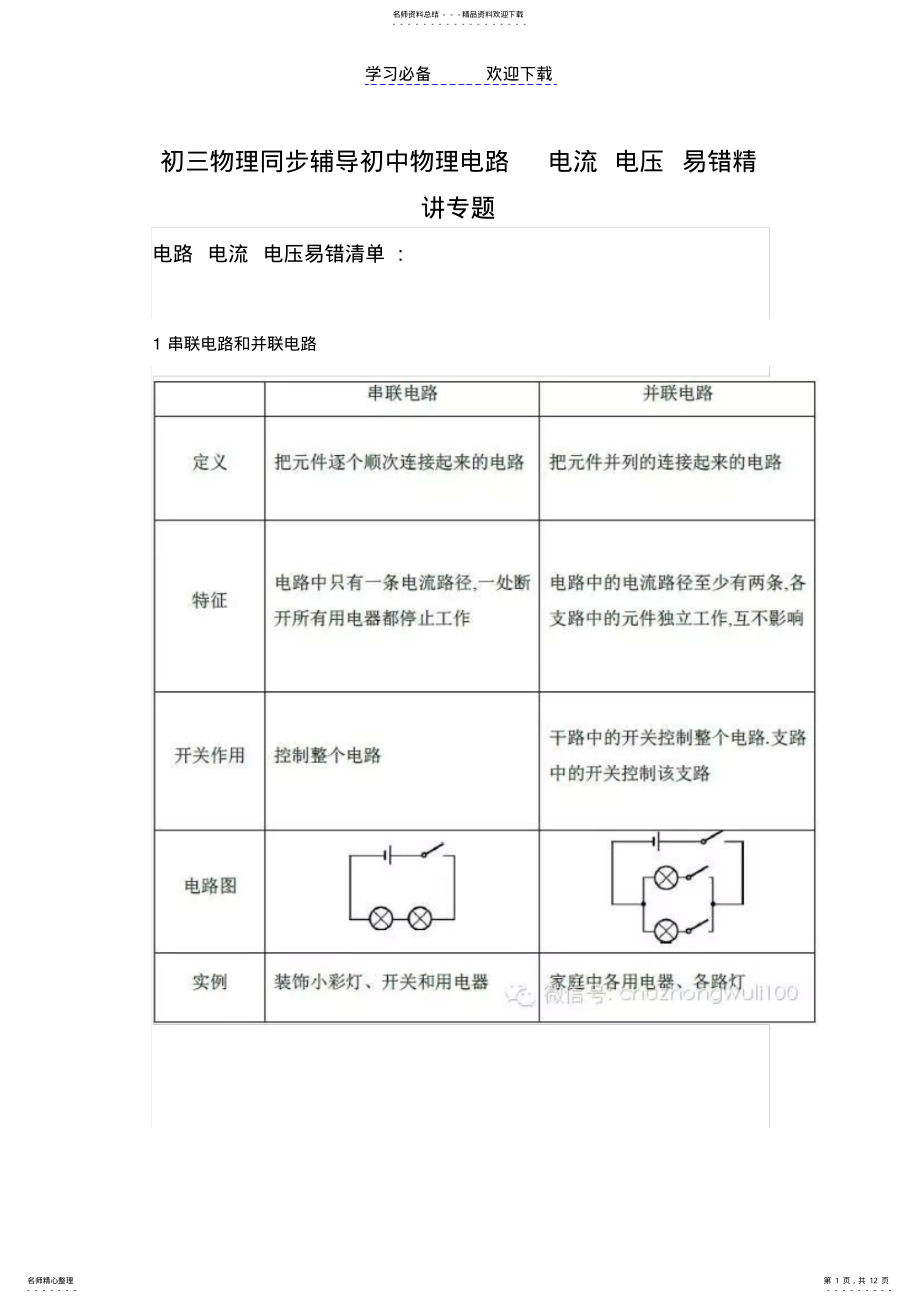 2022年初三物理同步辅导初中物理电路电流电压易错精讲专题,教师备课 .pdf_第1页