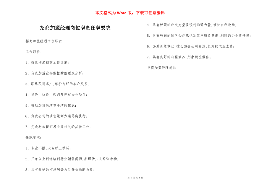 招商加盟经理岗位职责任职要求.docx_第1页