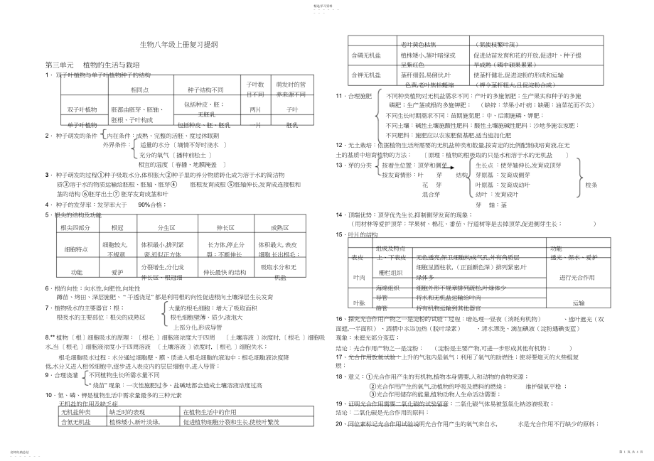 2022年冀教版生物八年级上册复习提纲完整版.docx_第1页