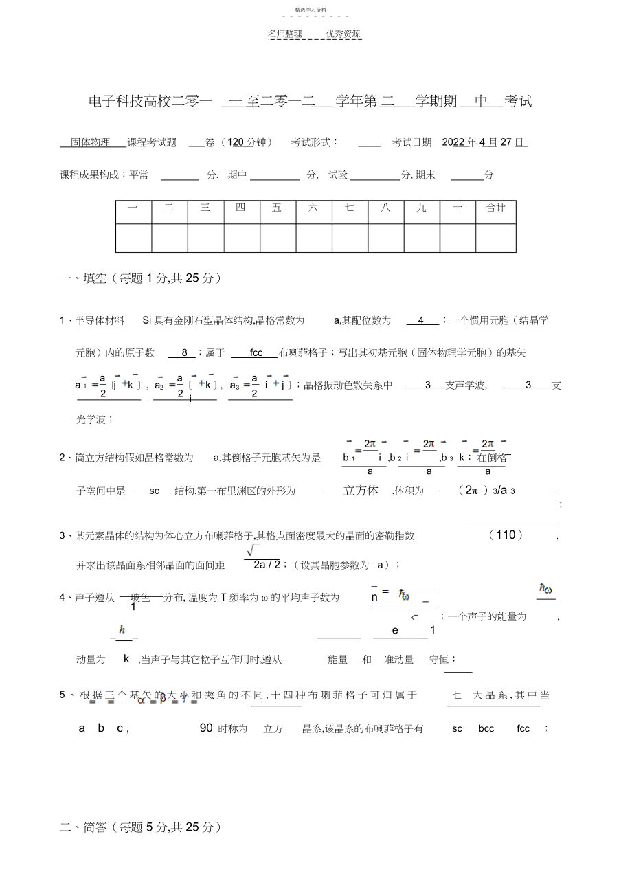 2022年固体物理中期考试.docx_第1页