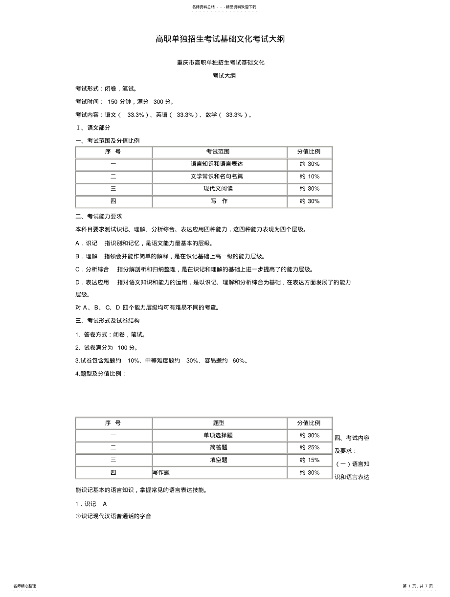 2022年重庆单招考试文化基础考试大纲( .pdf_第1页