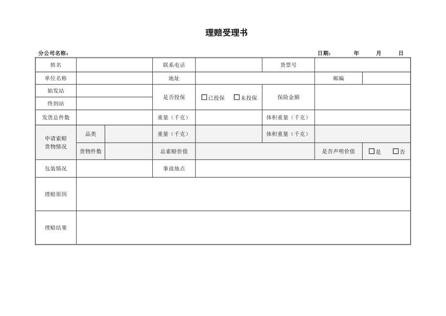 物流企业速递快运快递运输管理操作运营流程 宅急送 理赔受理书事故处理表格.doc_第1页