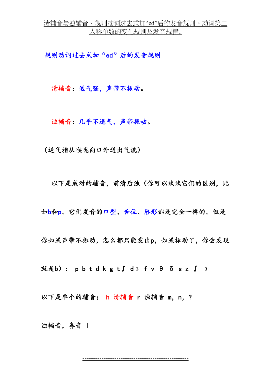 清辅音与浊辅音、规则动词过去式加“ed”后的发音规则、动词第三人称单数的变化规则及发音规律...doc_第2页