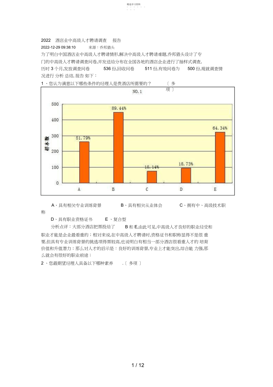 2022年酒店业中高级人才招聘调查报告.docx_第1页