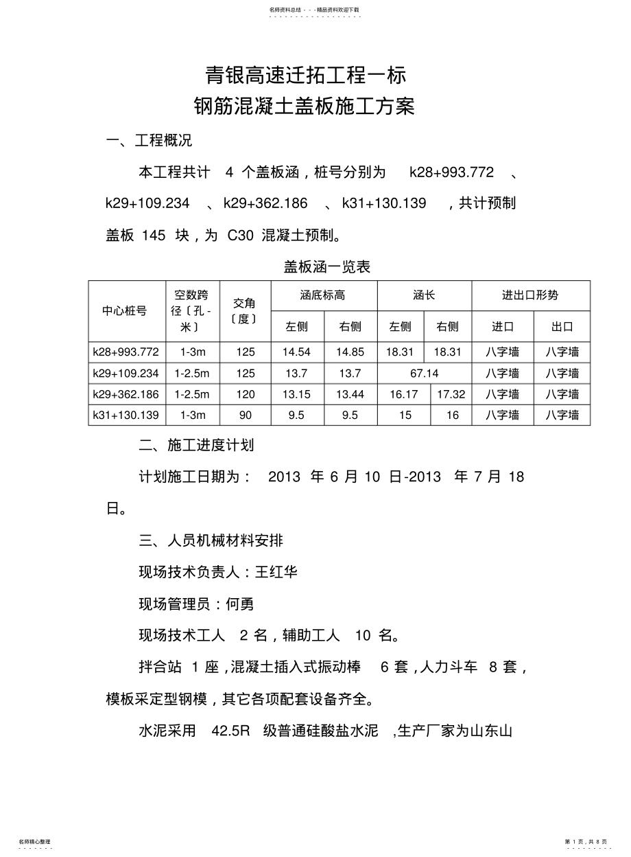 2022年钢筋混凝土盖板施工方案 .pdf_第1页