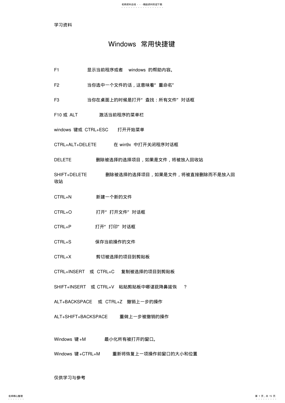 2022年办公软件常用快捷键学习资料 .pdf_第1页