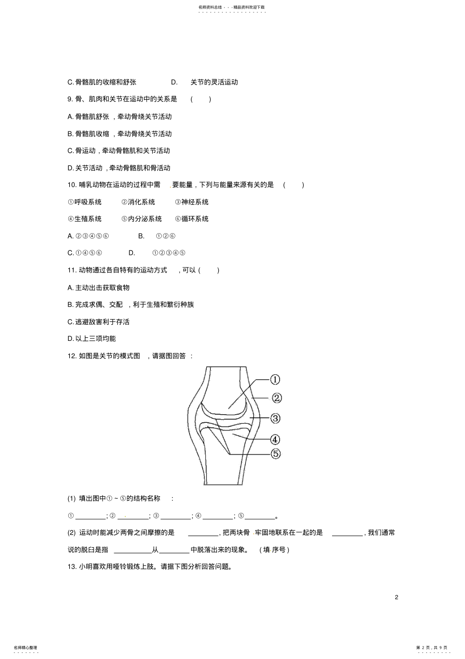 2022年八年级生物上册第五单元第二章第一节动物的运动同步练习新人教版 2.pdf_第2页