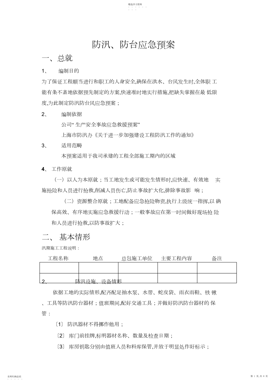 2022年防汛防台应急预案模板.docx_第1页