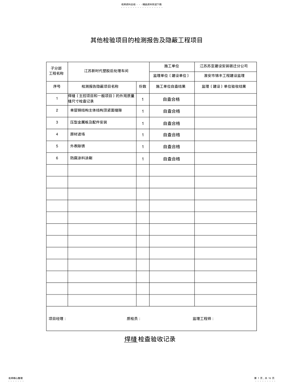 2022年钢结构施工记录表 .pdf_第1页