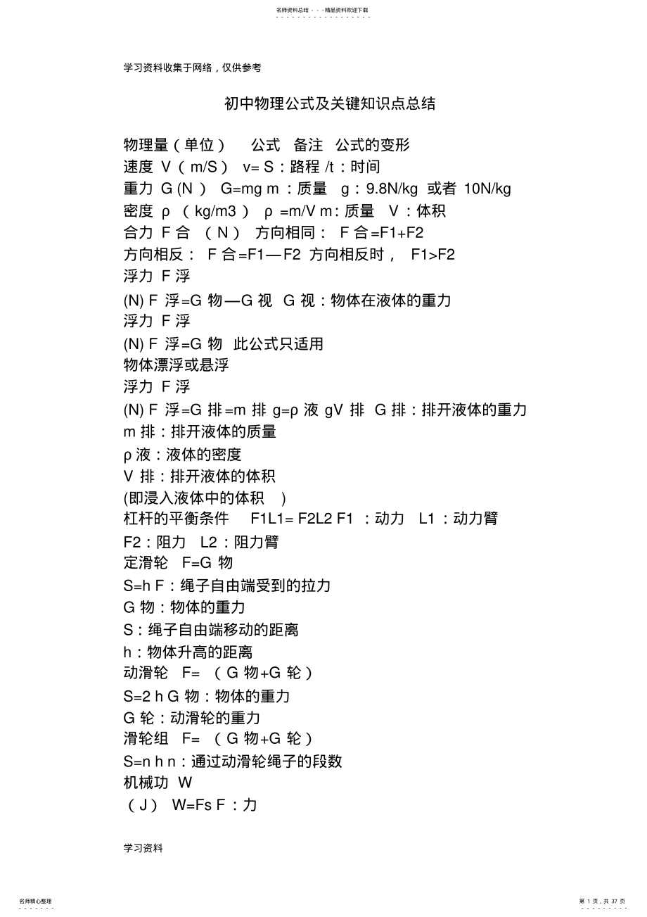 初中物理公式大全及关键知识点总结 .pdf_第1页