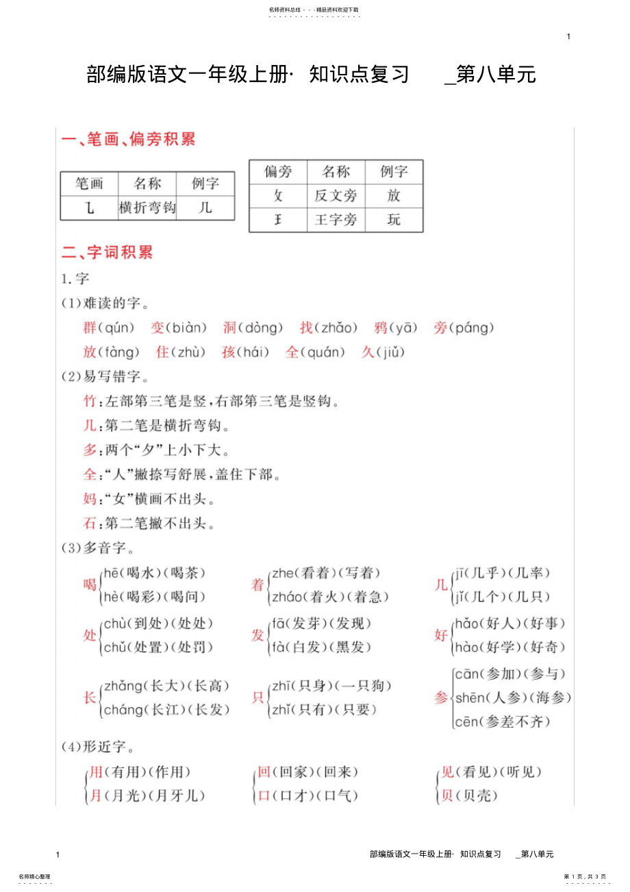 2022年部编版语文一年级上册_知识点复习_第八单元 .pdf_第1页