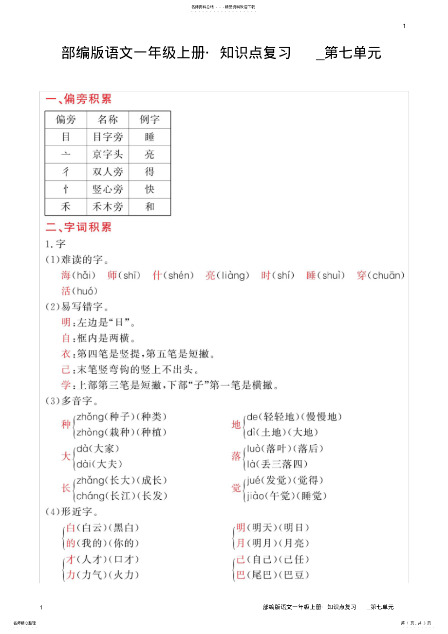 2022年部编版语文一年级上册_知识点复习_第七单元 .pdf_第1页