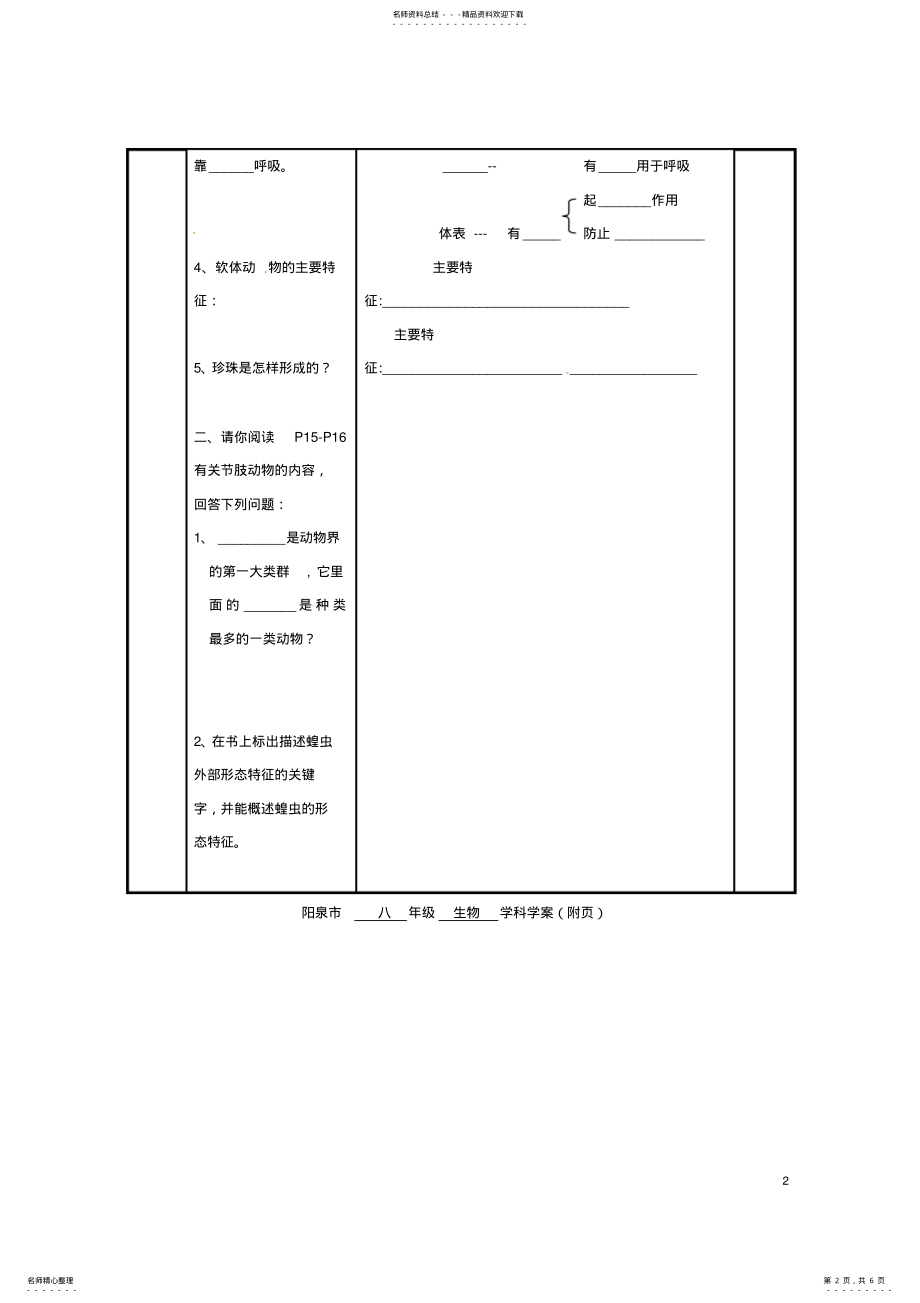 2022年八年级生物上册第五单元第一章第三节软体动物和节肢动物导学案新人教版 .pdf_第2页