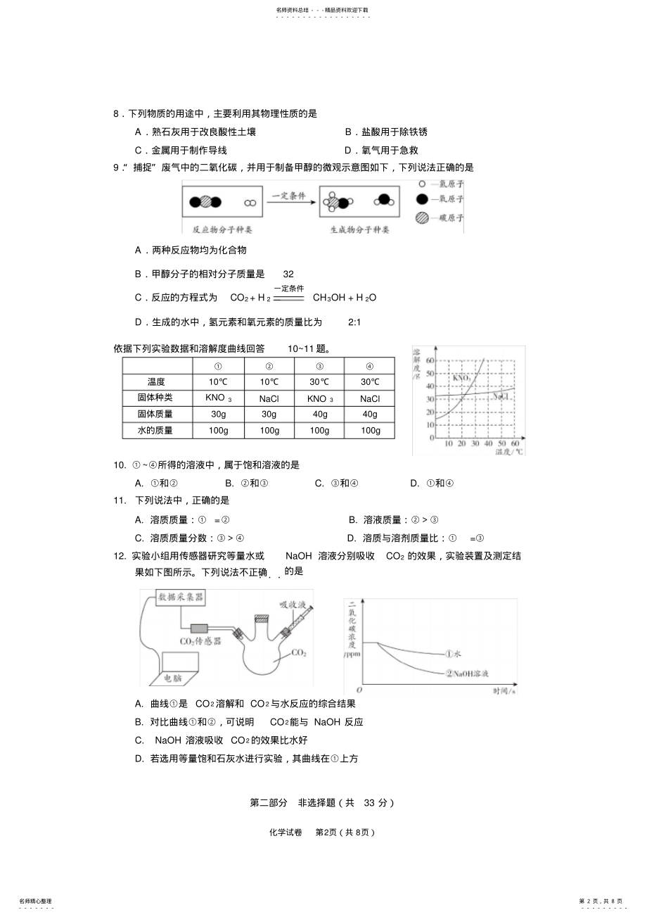 2022年北京市海淀区初三化学一模试题及答案 .pdf_第2页