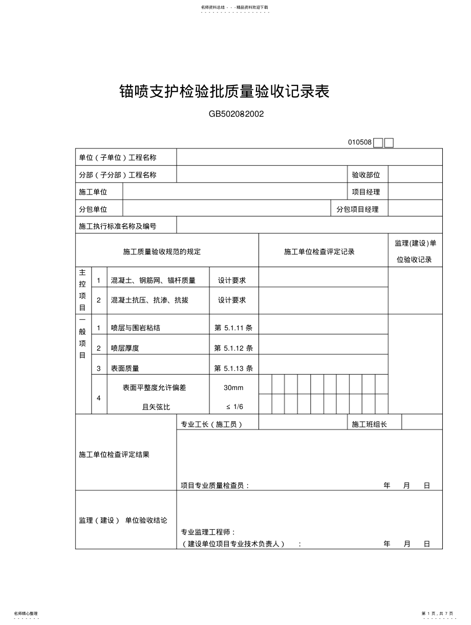 2022年锚喷支护检验批质量验收记录表 .pdf_第1页