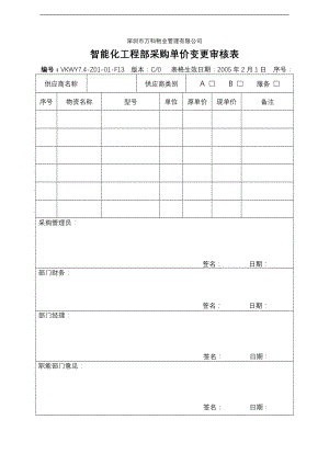 房地产物业公司业主委托管理服务企业 7.4-Z01-01-F13智能化工程部采购单价变更审核表.doc