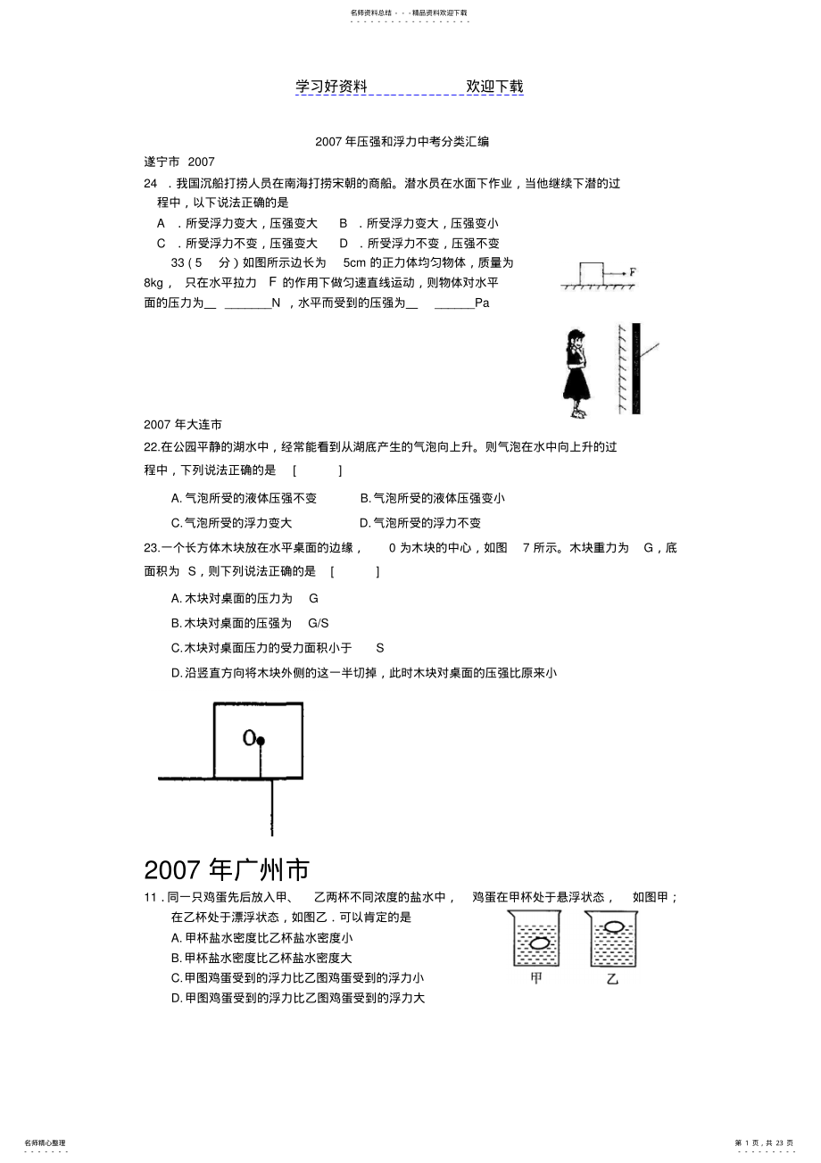 2022年压强和浮力中考分类汇编 .pdf_第1页