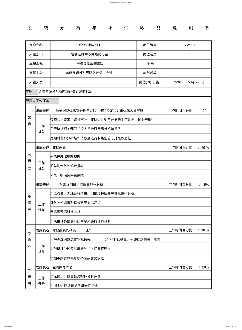 2022年通信行业省会运维中心网络优化室系统分析与评估岗位说明 .pdf_第1页