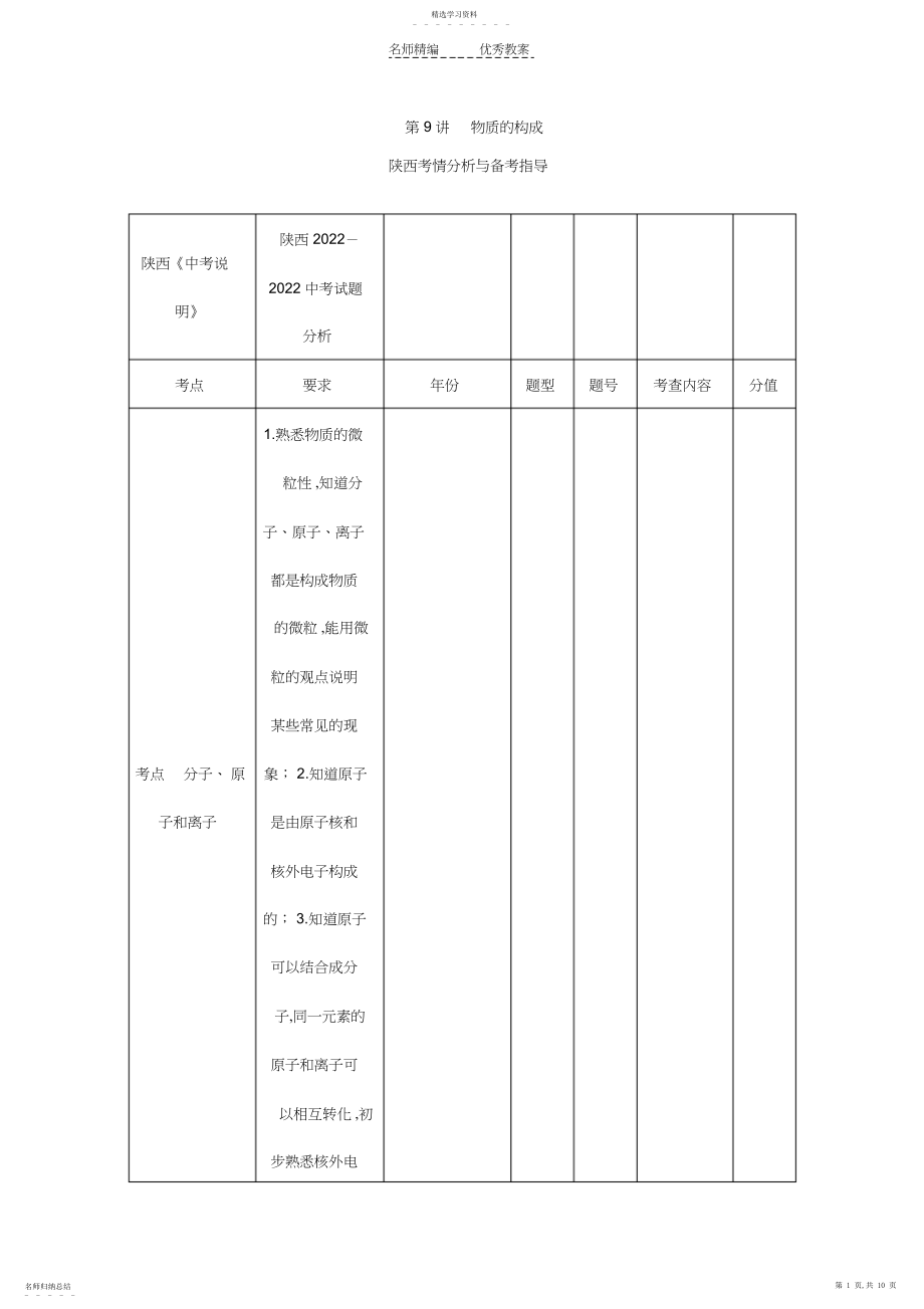 2022年陕西省中考化学总复习第一轮教案第讲物质的构成含答案.docx_第1页