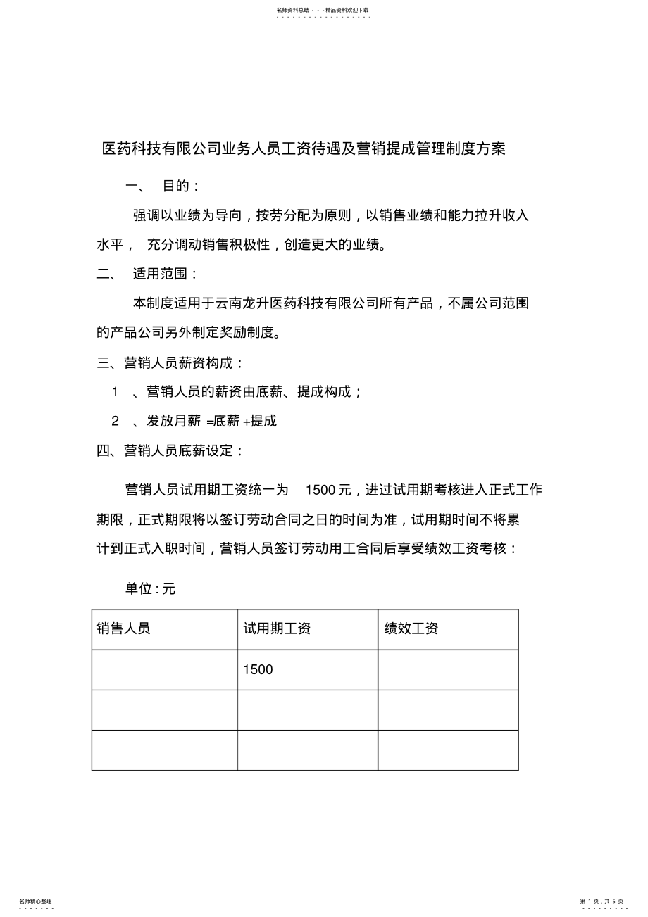 2022年医药科技有限公司业务人员工资待遇及营销提成管理制度方案 .pdf_第1页