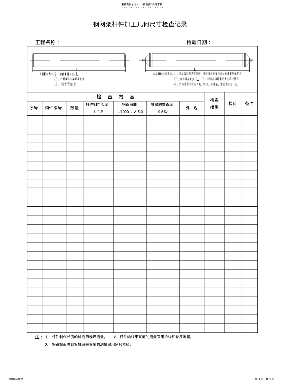 2022年钢网架杆件下料几何尺寸检查记录 .pdf_第1页