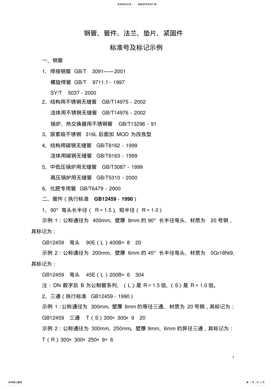 2022年钢管、管件、法兰、垫片、紧固件标准号及标记示例 .pdf_第1页