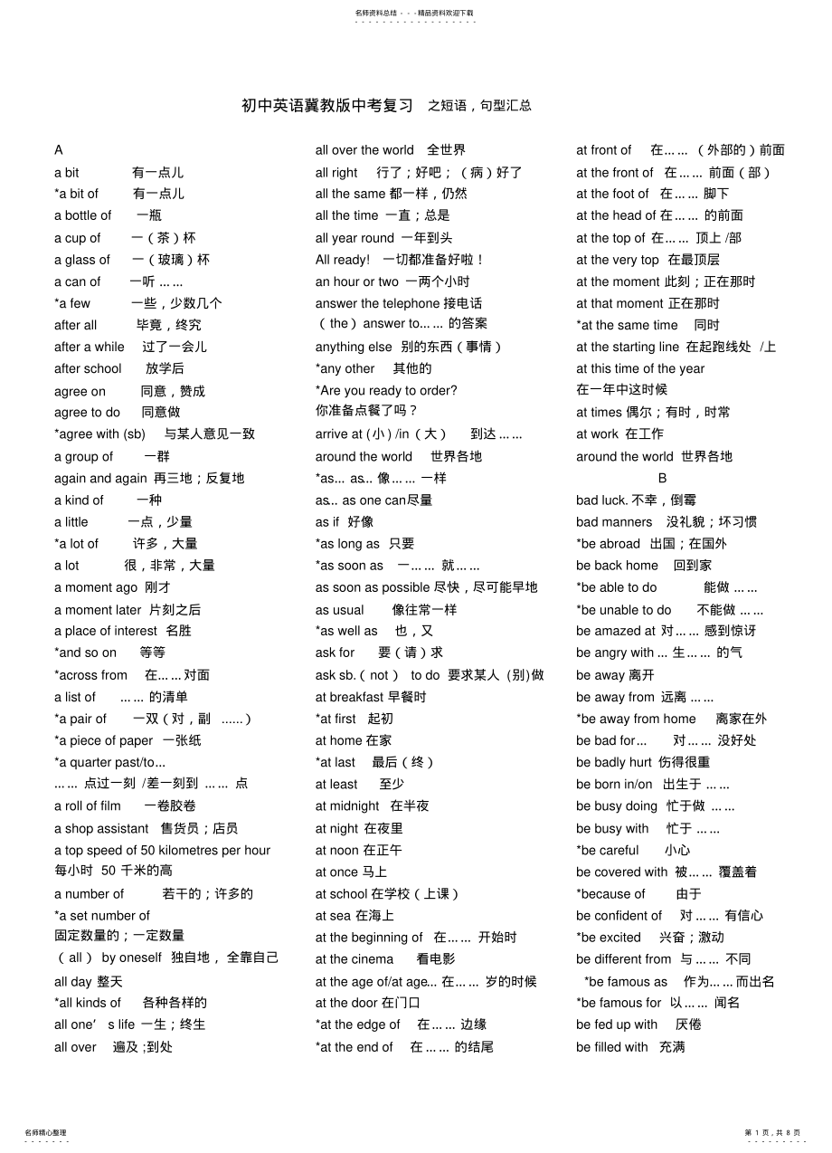 2022年初中英语冀教版中考复习之短语 .pdf_第1页