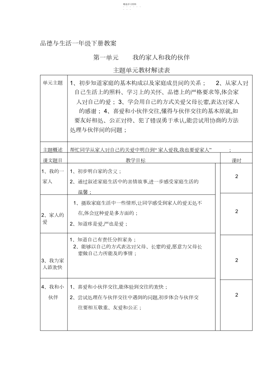 2022年品德与生活一年级下册教案---我的家人我的伙伴整单元教案.docx_第1页