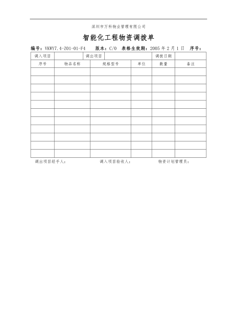 房地产物业公司业主委托管理服务企业 7.4-Z01-01-F4智能化工程物资调拨单.doc_第1页