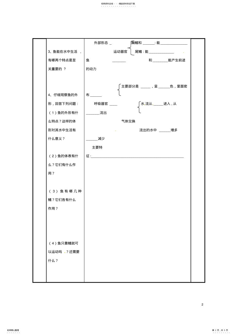 2022年八年级生物上册第五单元第一章第四节鱼导学案新人教版 .pdf_第2页