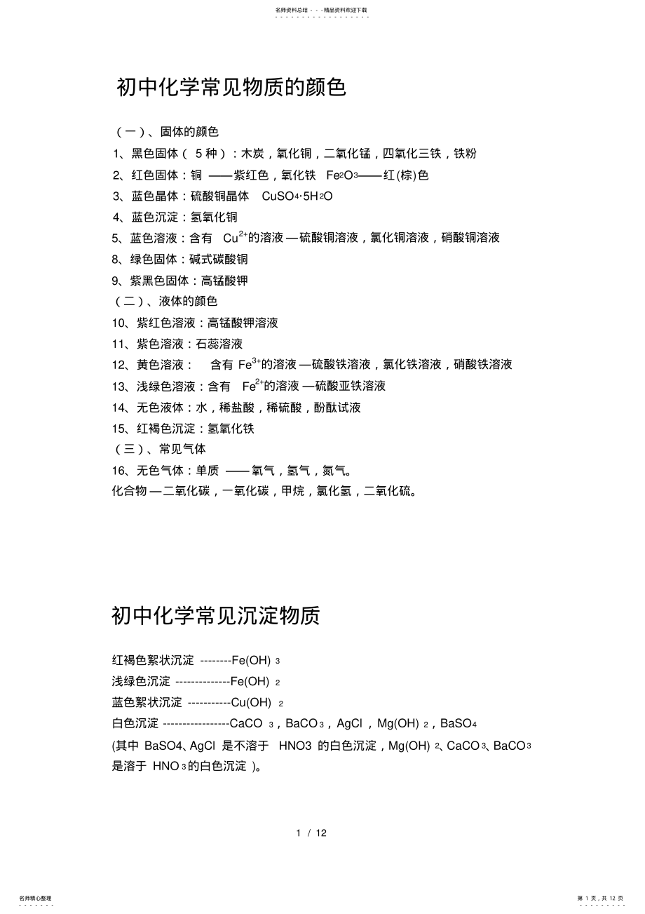 2022年初中化学常见物质颜色和沉淀 .pdf_第1页