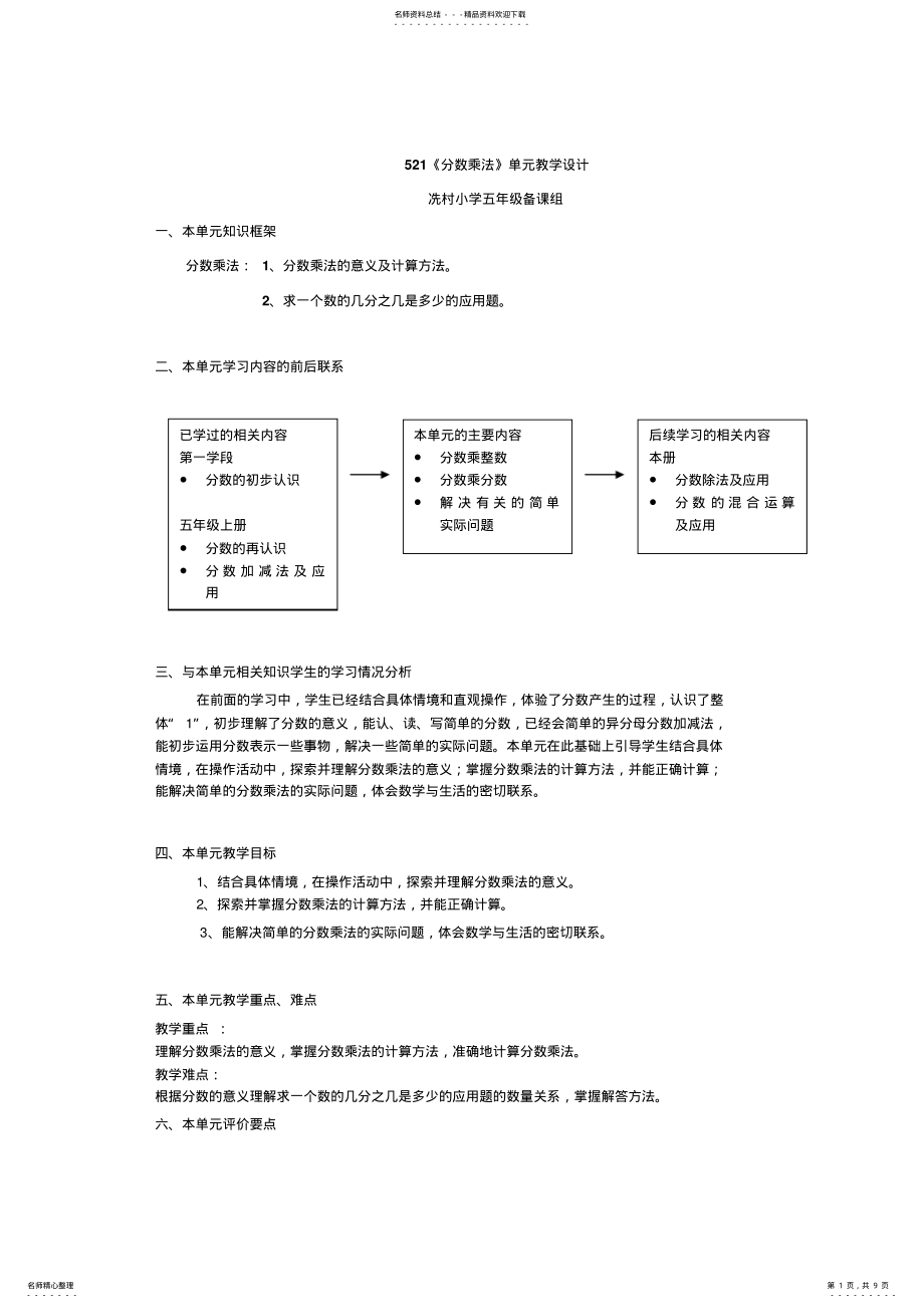 2022年分数乘法单元教学设计 .pdf_第1页