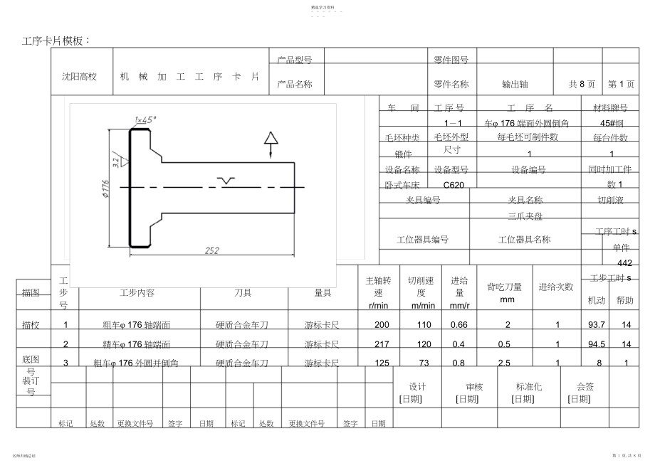 2022年输出轴加工工序卡片.docx_第1页