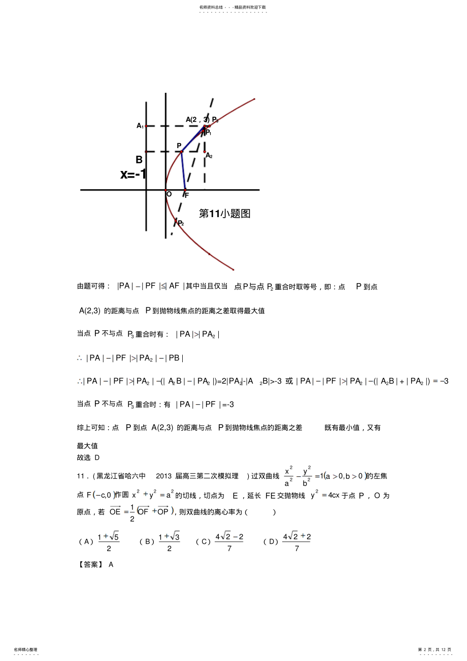 2022年各地市高考数学最新联考试题分类汇编圆锥曲线 .pdf_第2页