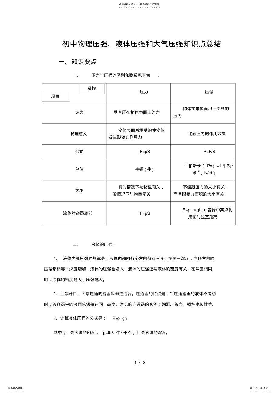 2022年初中物理压强、液体压强和大气压知识点 .pdf_第1页