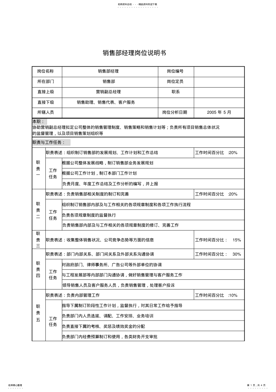 2022年销售部经理岗位说明书 .pdf_第1页