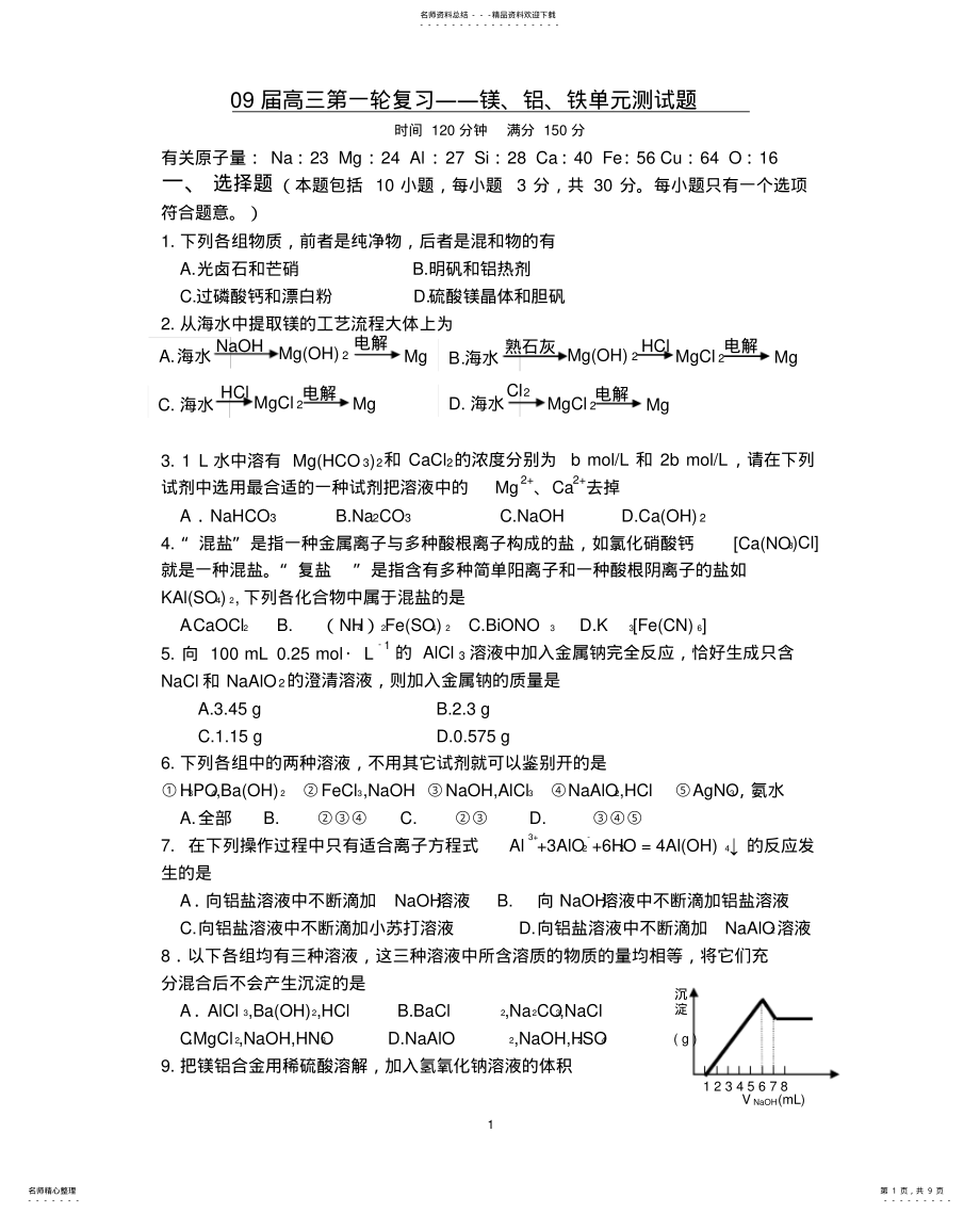 2022年镁、铝、铁单元测试题 .pdf_第1页