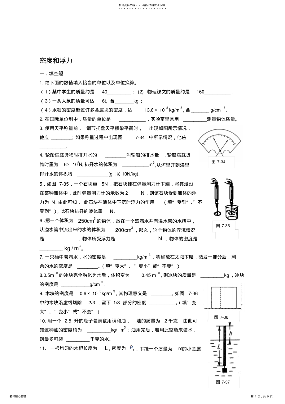 2022年八年级物理密度和浮力单元测试沪科版 .pdf_第1页