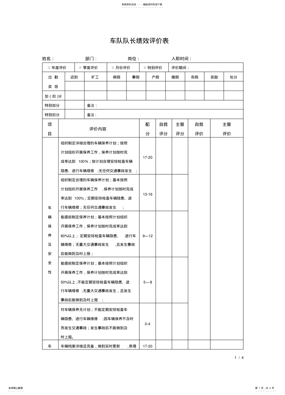 2022年车队队长绩效考核评价表 .pdf_第1页