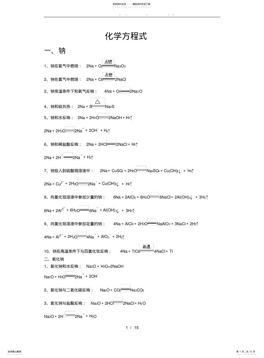 2022年钠及其化合物的化学方程式和离子方程式要点说明 .pdf_第1页