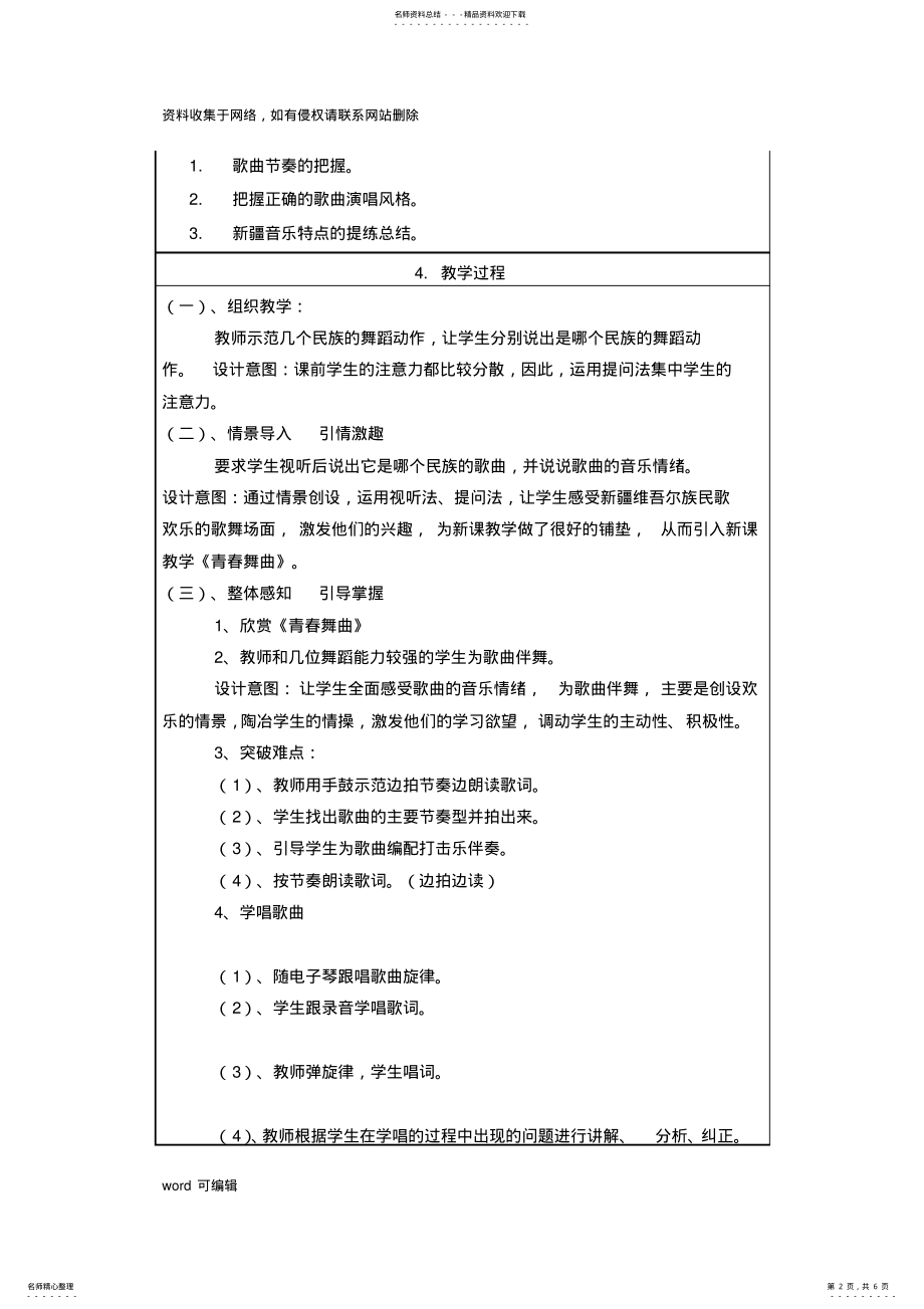 2022年初中音乐教学设计《青春舞曲》电子教案 .pdf_第2页