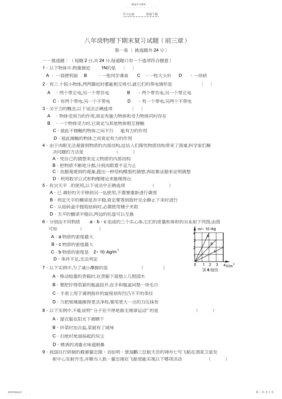 2022年八年级物理下期末复习试题.docx_第1页