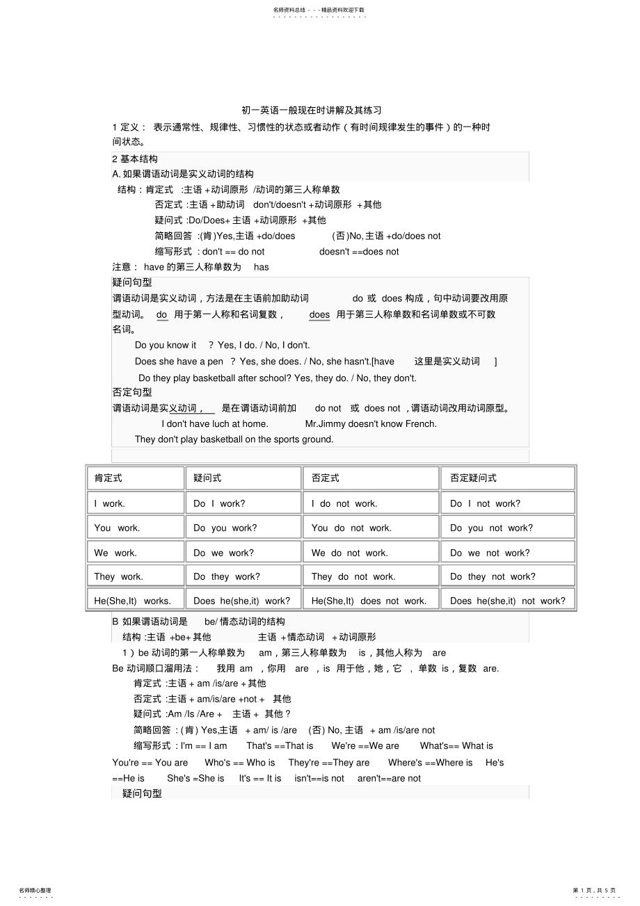 2022年初一一般现在时讲解及其练习 2.pdf_第1页