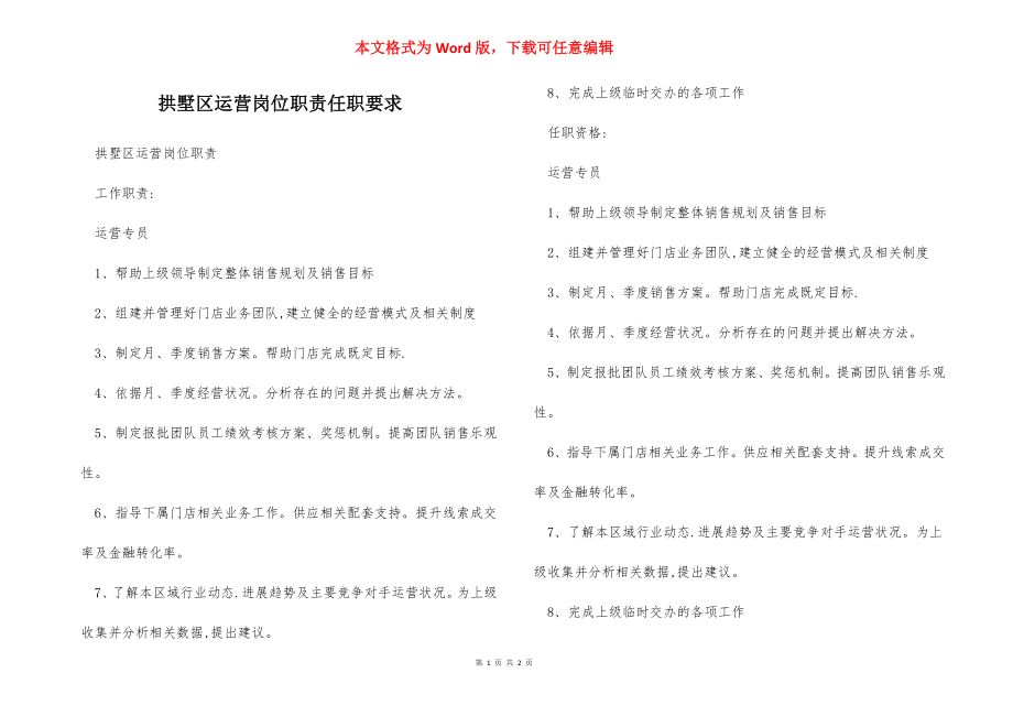 拱墅区运营岗位职责任职要求.docx_第1页