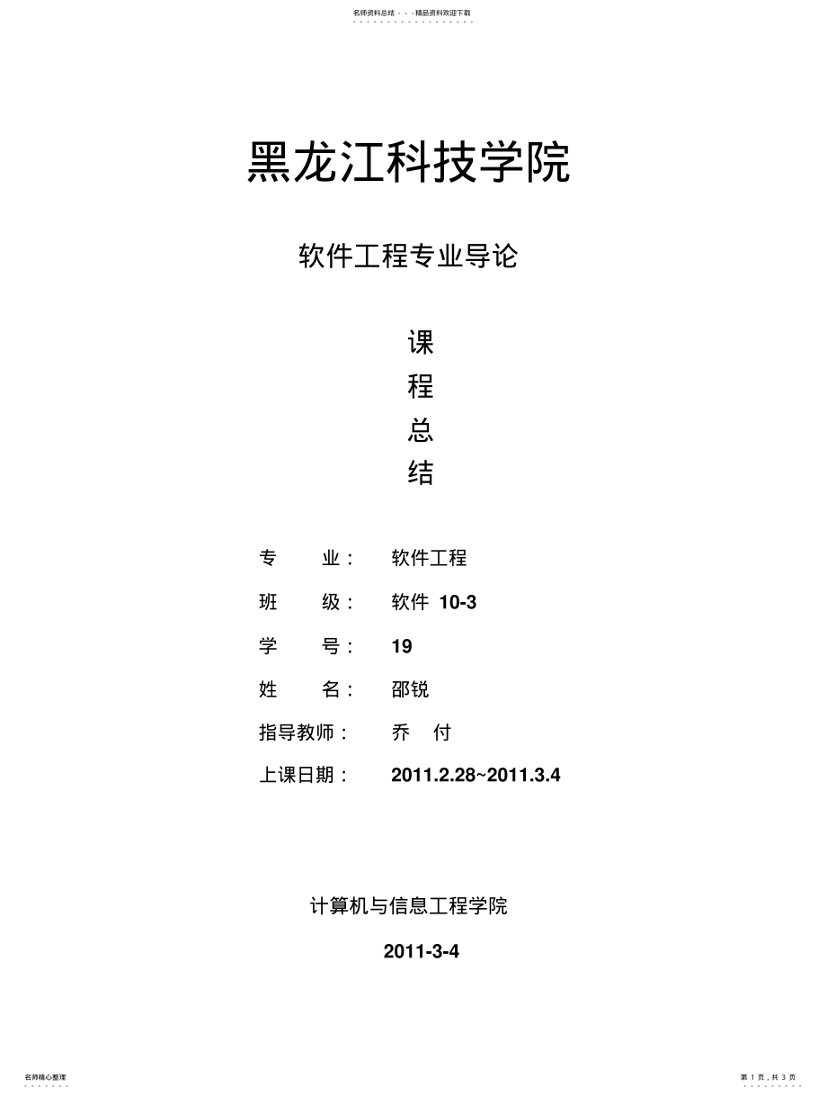 2022年软件工程专业导论课程总结模版借鉴 .pdf_第1页