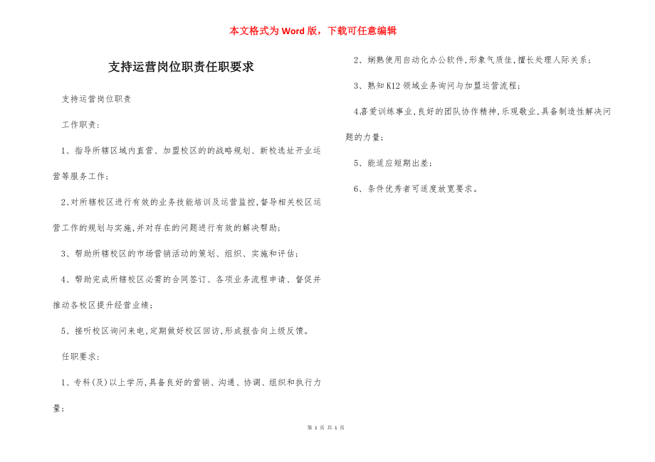 支持运营岗位职责任职要求.docx_第1页