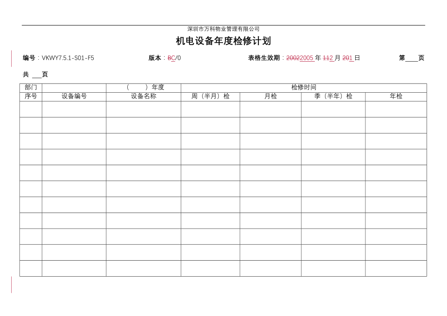 房地产物业公司业主委托管理服务企业 VKWY7.5.1-S01-F5机电设备年度检修计划表.doc_第1页