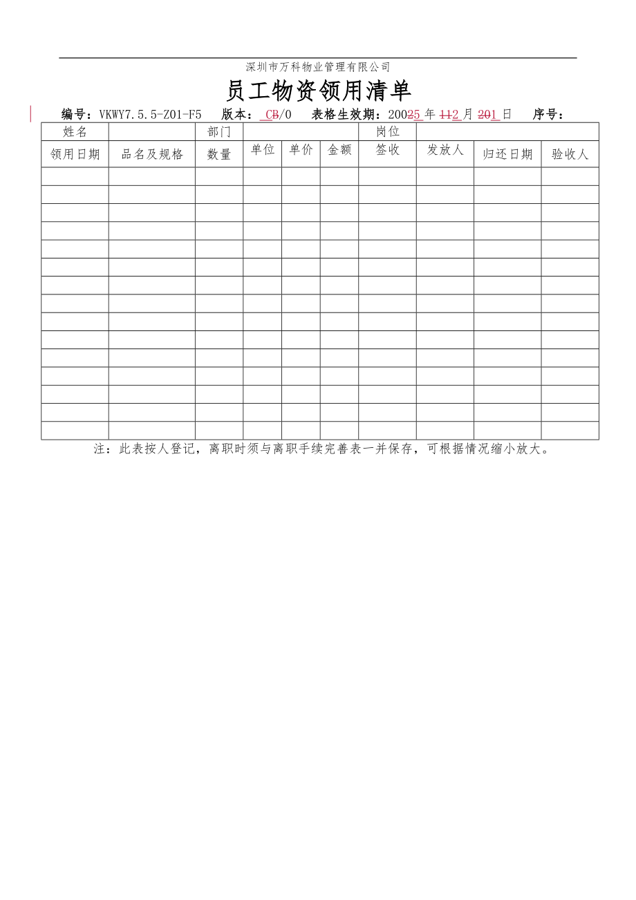 房地产物业公司业主委托管理服务企业 7.5.5-Z01-F5 员工物资领用清单.doc_第1页