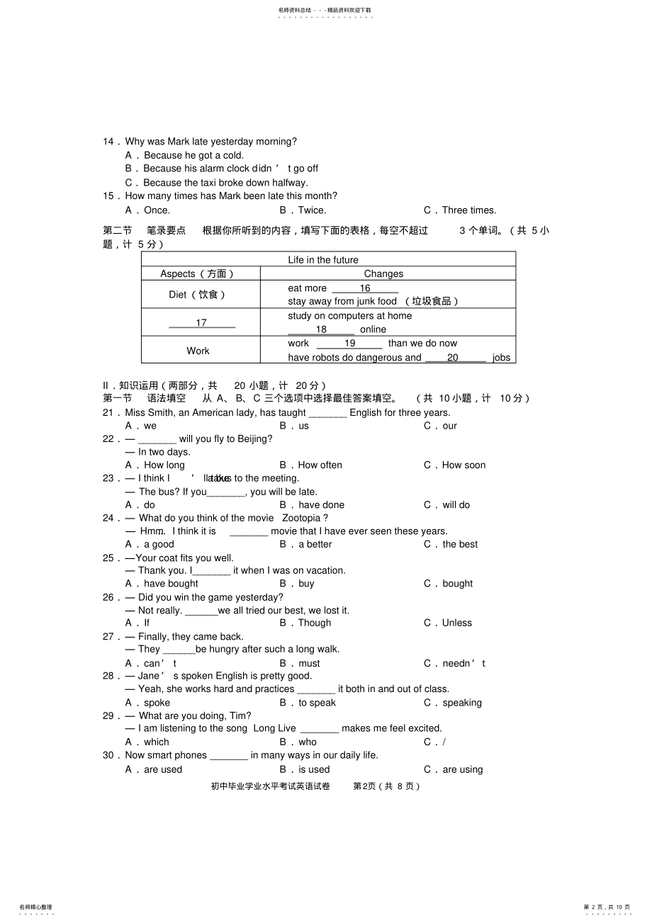 2022年长沙市中考英语试题含答案 .pdf_第2页