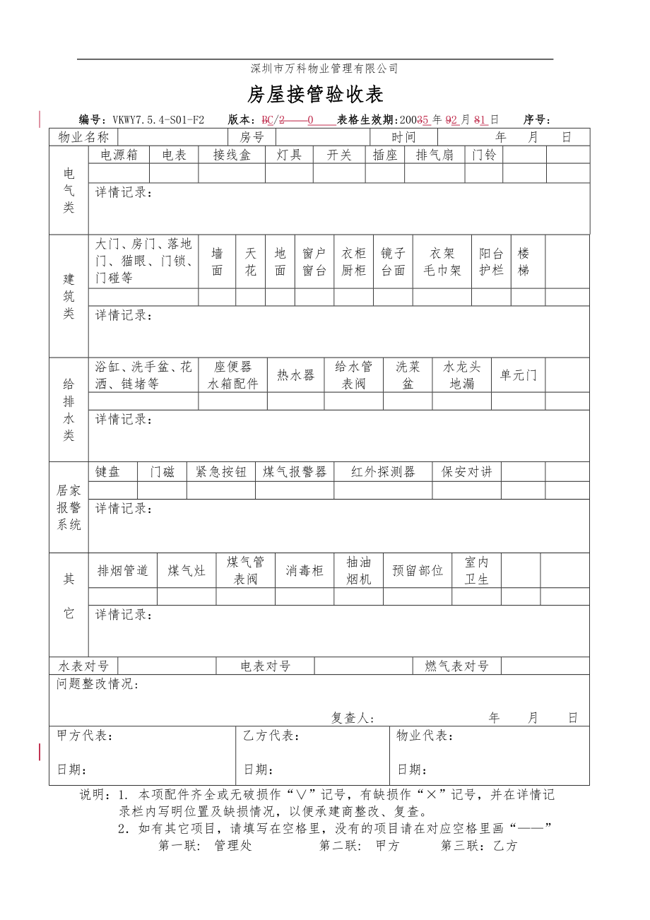 房地产物业公司业主委托管理服务企业 VKWY7.5.4-S01-F2房屋接管验收表.doc_第1页